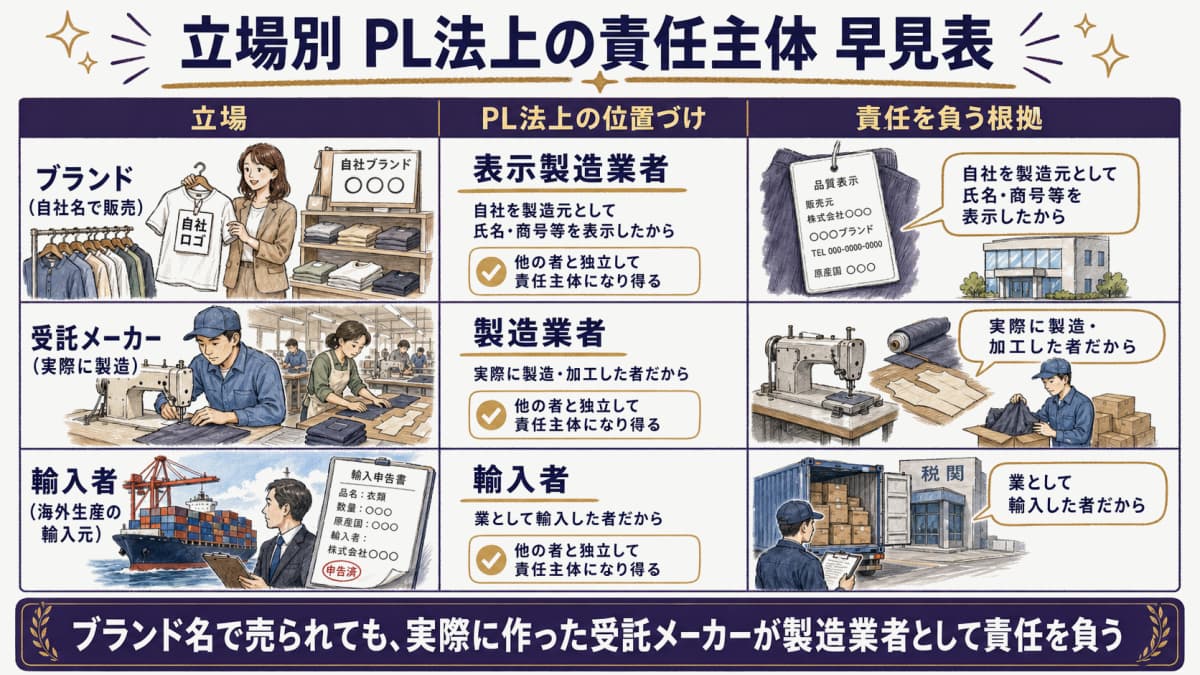 アパレル商流の立場別にPL法上の責任主体を整理した早見表