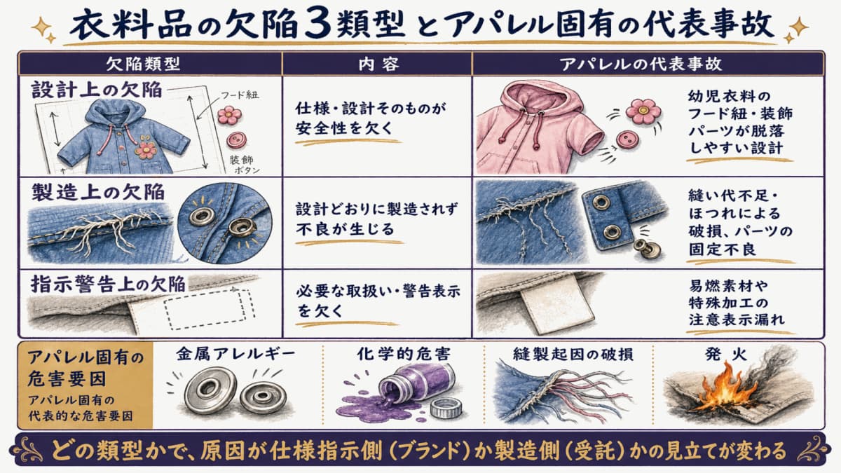 衣料品の欠陥3類型とアパレル固有の代表事故を対応付けた図