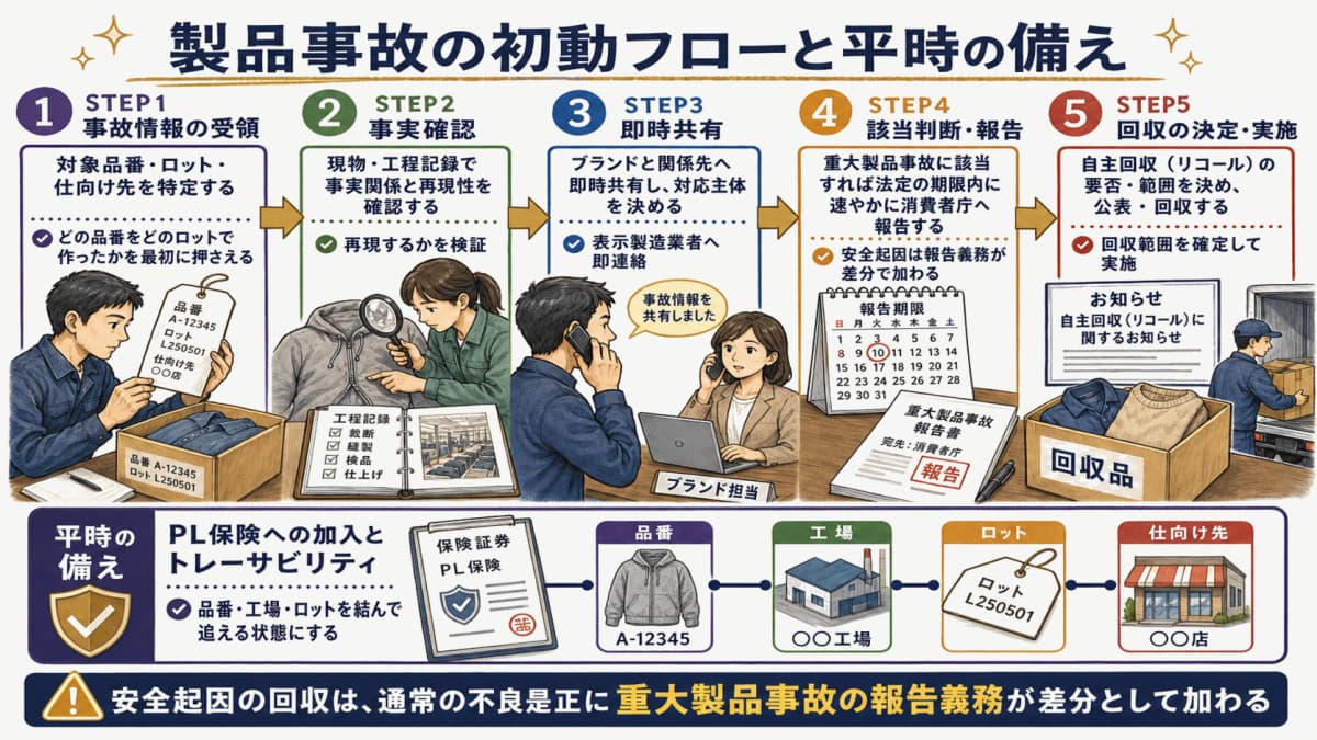 製品事故の初動フローと平時の備えを段階で示した図