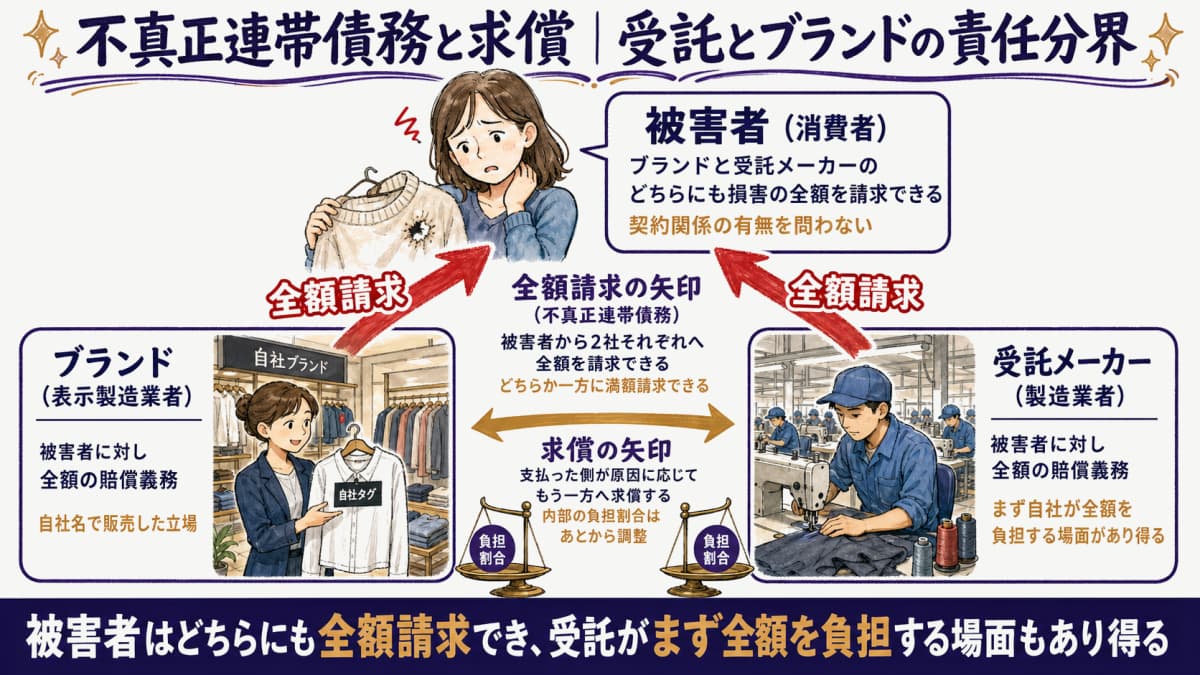 不真正連帯債務と求償の関係を示す受託とブランドの責任分界図