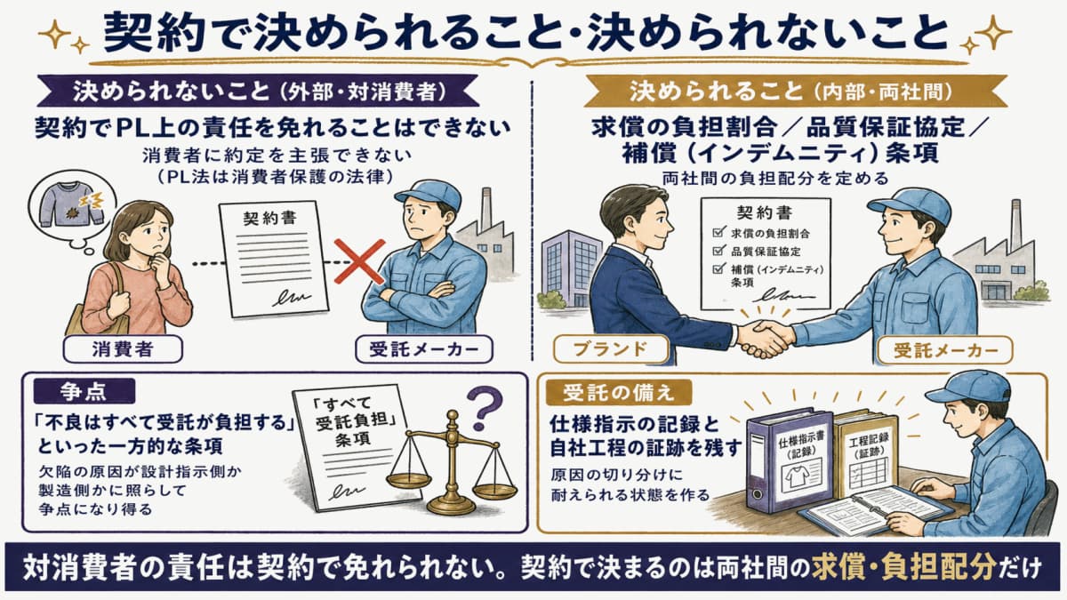 契約で決められない外部責任(対消費者)と決められる内部関係(求償・補償)を受託視点で仕分けた責任分界図