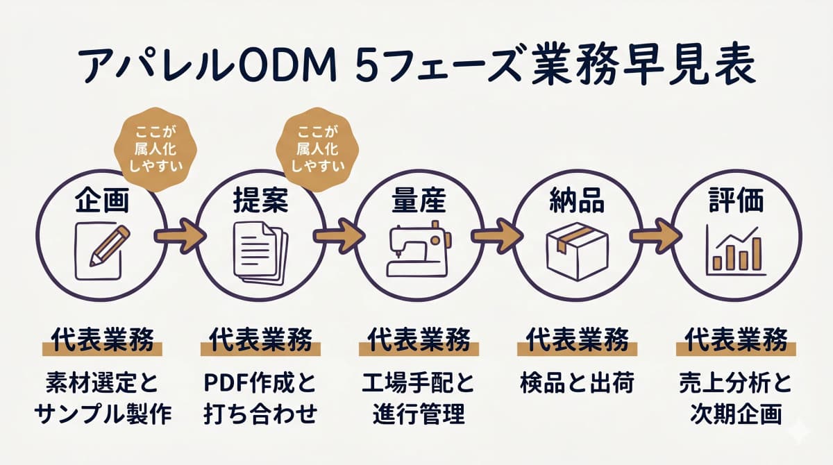 アパレル生産管理の5フェーズ早見表(企画/提案/量産/納品/評価)