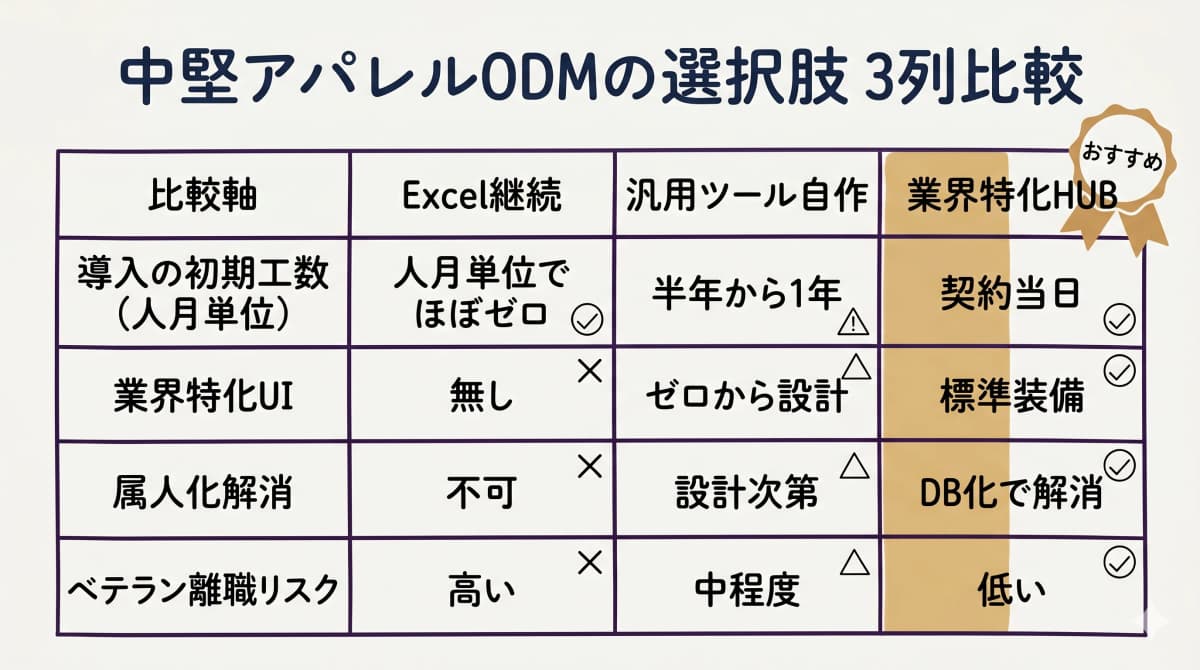 汎用ツール/Excel継続/業界特化HUBの3列比較表