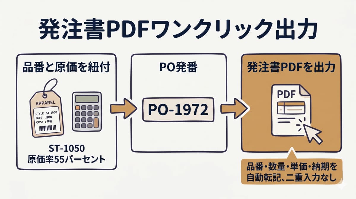 品番と原価計算を紐づけてPO番号付き発注書PDFをワンクリック出力する流れの図