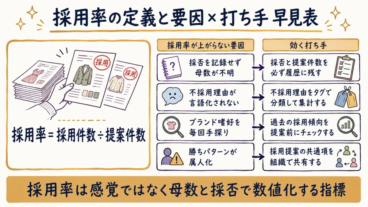 アパレル提案の採用率を採用件数÷提案件数で定義し、要因と打ち手を対応させた改善早見表