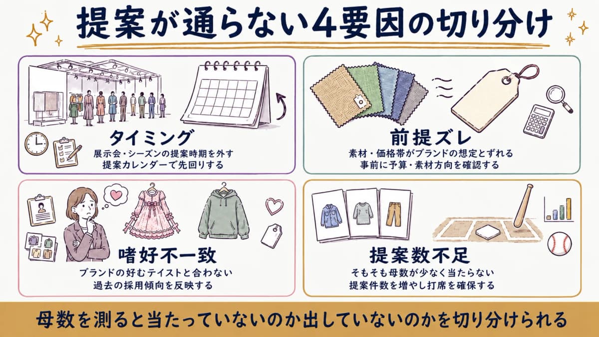 提案が通らない4要因(タイミング・前提ズレ・嗜好不一致・提案数不足)を分類した図