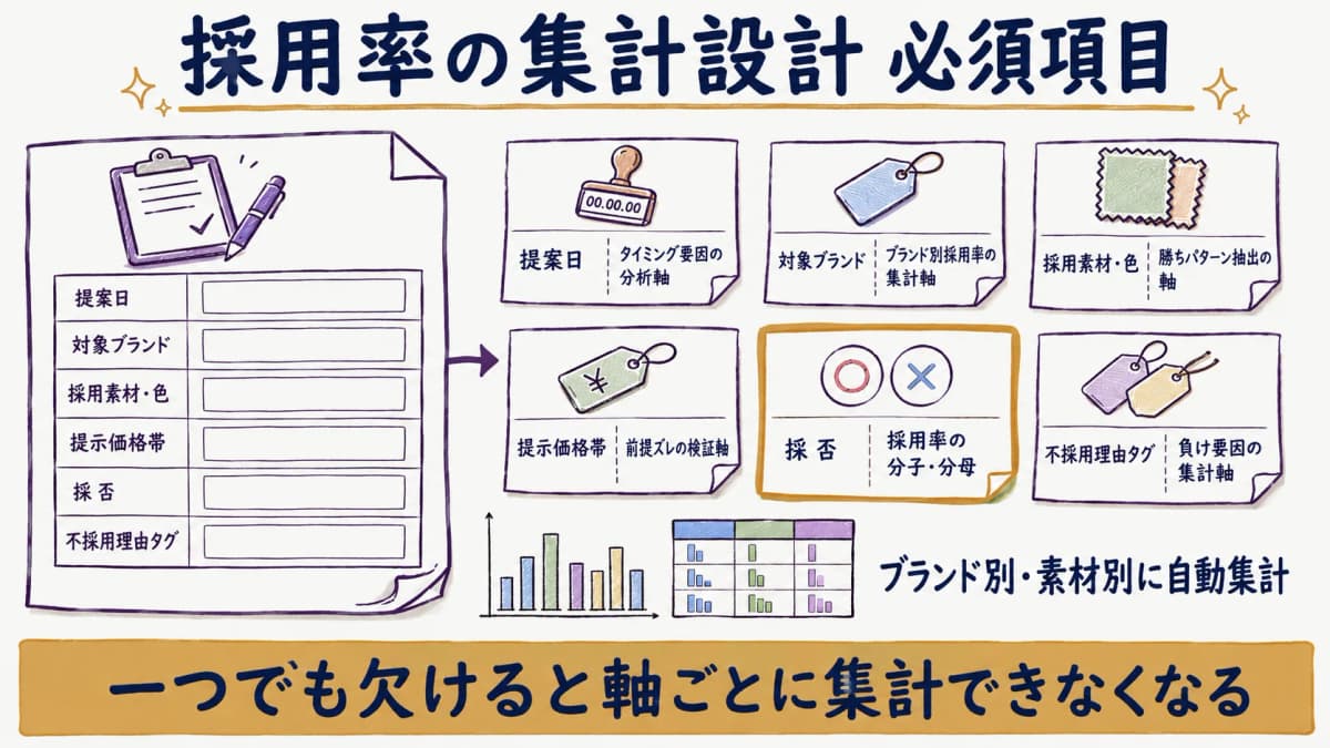 提案履歴に採否・不採用理由タグ・ブランド・素材・価格帯を必須化した採用率の集計設計図