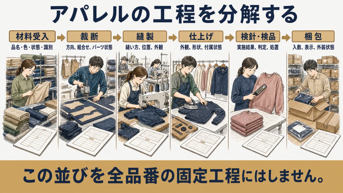 裁断・縫製・仕上げ・検針・検品・梱包の工程マップ