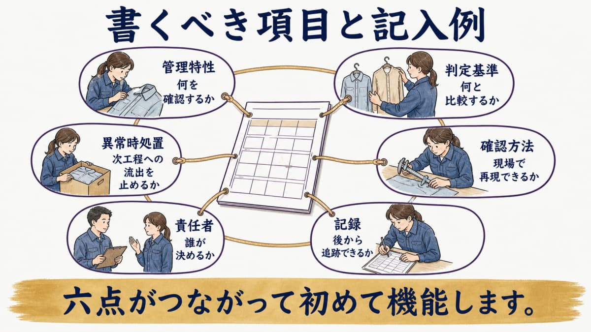 工程ごとの管理特性・基準・方法・記録・責任者・異常時処置