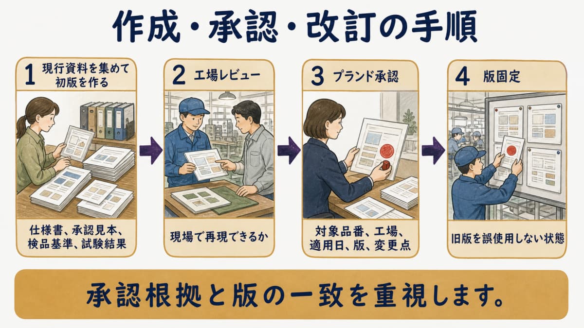 現行資料の収集から工場レビュー・承認・版固定までの手順