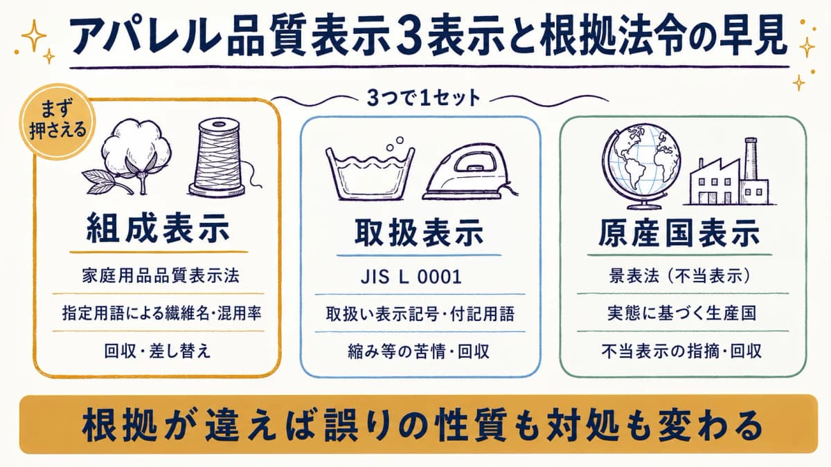 アパレル品質表示の3表示(組成・取扱・原産国)と、それぞれの根拠法令の全体像を示した図