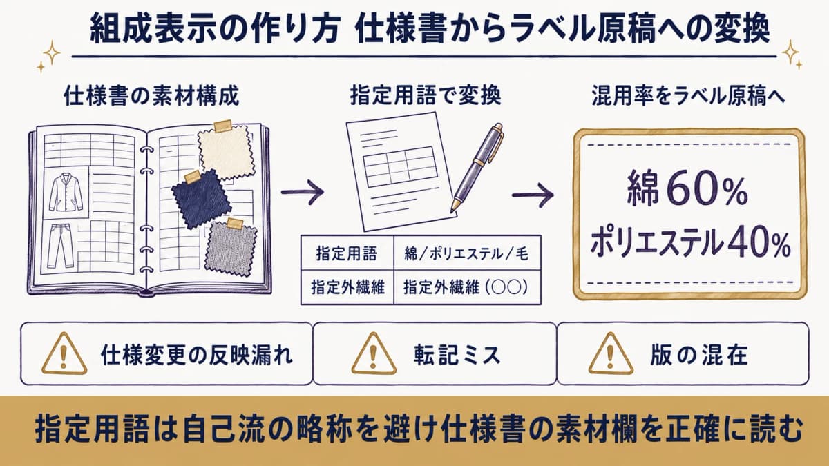 組成表示の作成手順を、仕様書の素材構成から指定用語・混用率のラベル原稿へ変換する流れで示した図