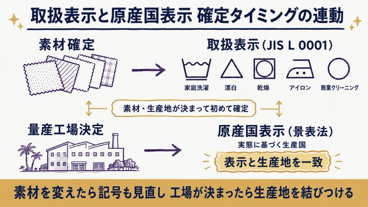 取扱表示の記号選定と原産国表示の判断が、素材確定と量産工場決定に連動する関係を示した図
