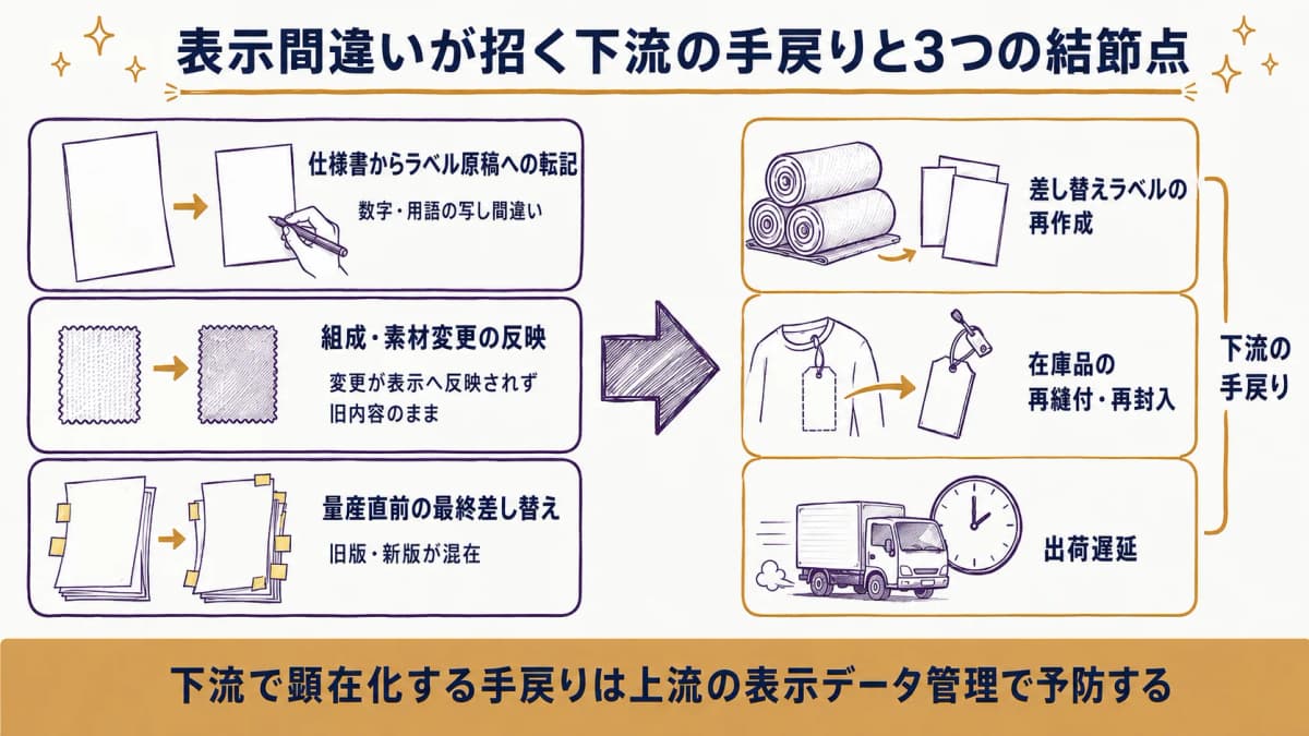 表示間違いが、ラベル差し替え・再縫付・出荷遅延という下流の手戻りへ波及する流れを示した図