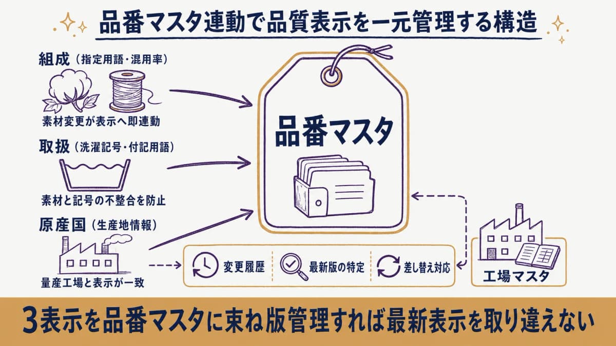 組成・取扱・原産国の表示データを品番マスタへ1対1で紐づけ、最新版を一元管理する構造を示した図