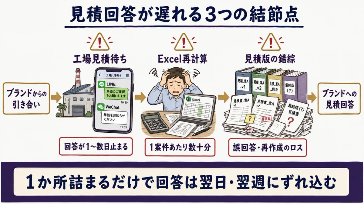 見積回答が遅れる3つの結節点(工場見積待ち・Excel再計算・見積版の錯綜)を業務フロー上で分解した図