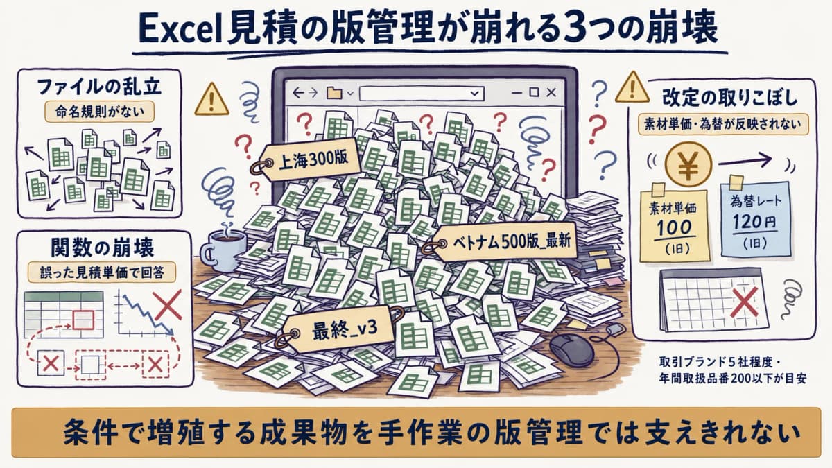 Excel見積のファイルが工場別ロット別にコピー増殖し、どれが最新版か分からなくなる様子を示した図