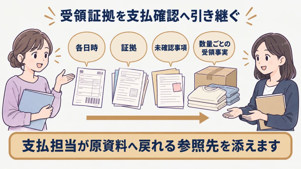 当初納期から受領証拠と支払確認へ情報を引き継ぐ流れ