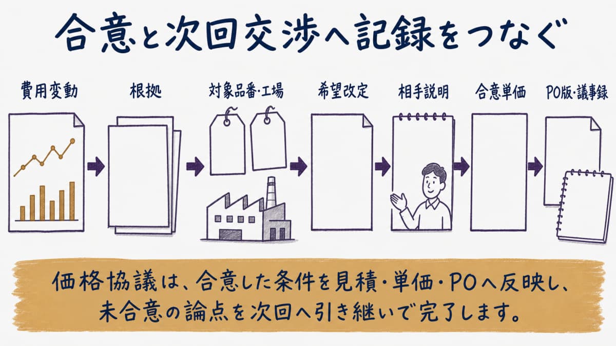 協議結果を見積・単価・PO版と次回交渉へつなぐ図
