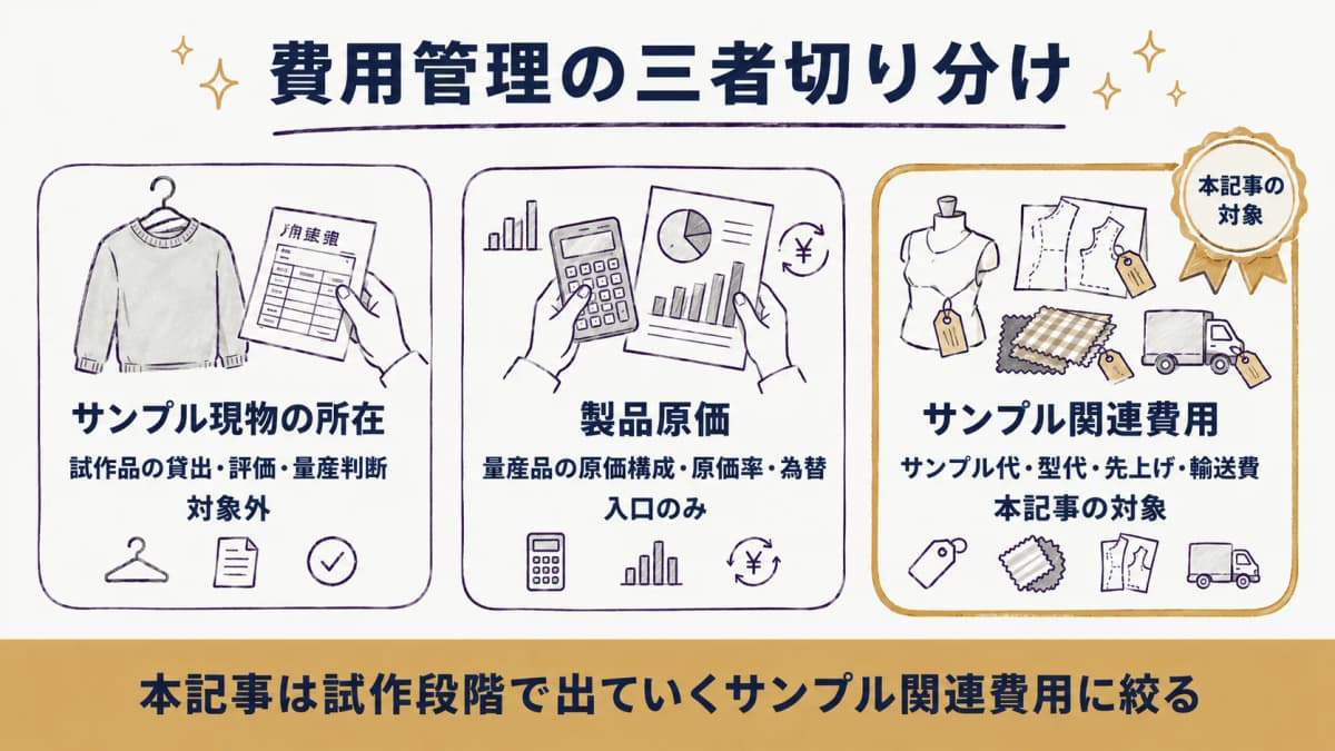 サンプル現物の所在管理・製品原価管理・サンプル関連費用管理の三者を切り分けた整理図