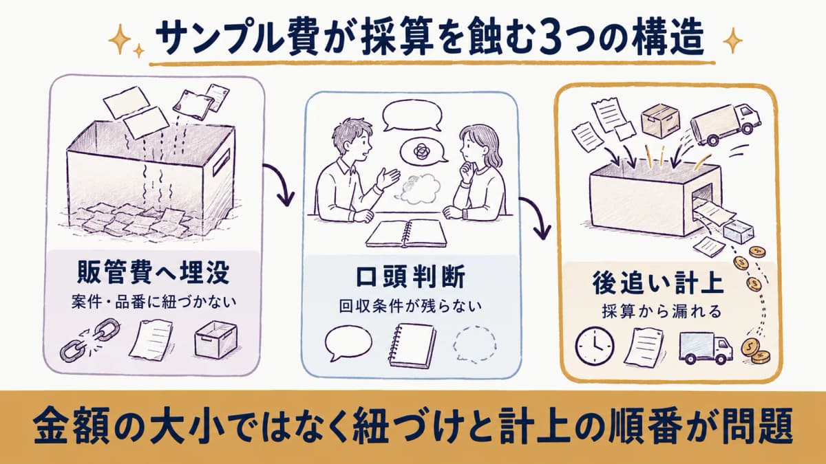 サンプル費が案件に紐づかず販管費へ埋没し採算を圧迫する3つの構造を示した図
