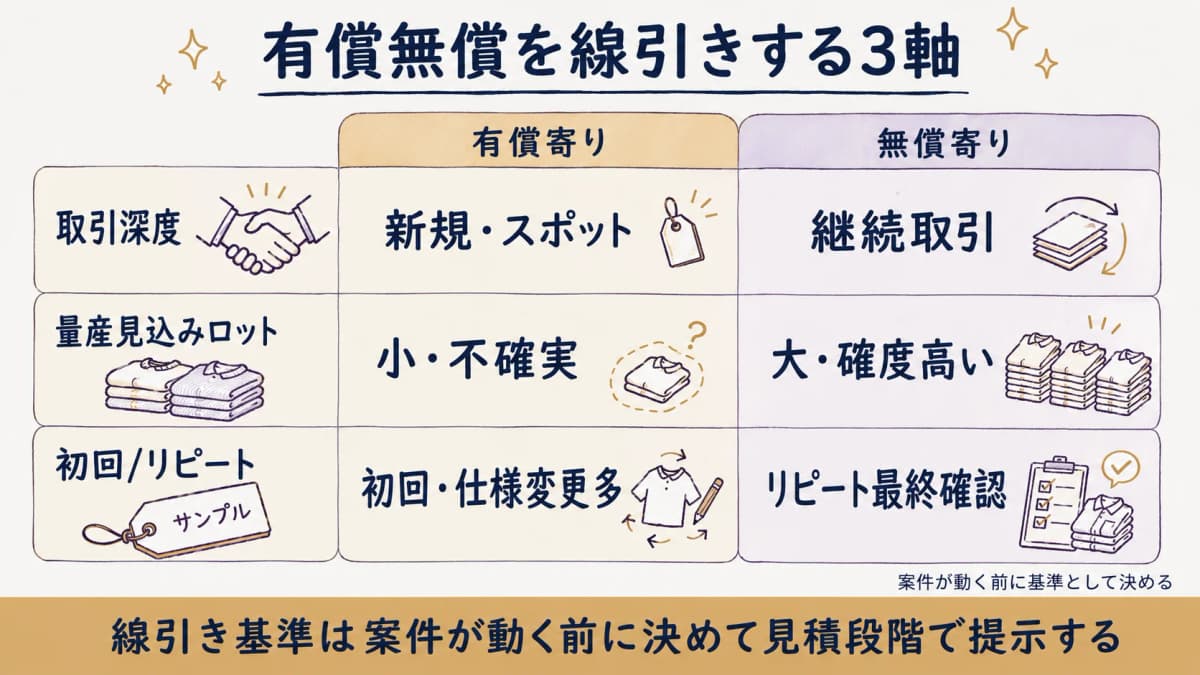 取引深度・量産見込みロット・初回/リピートの3軸で有償無償を線引きする判断フロー図