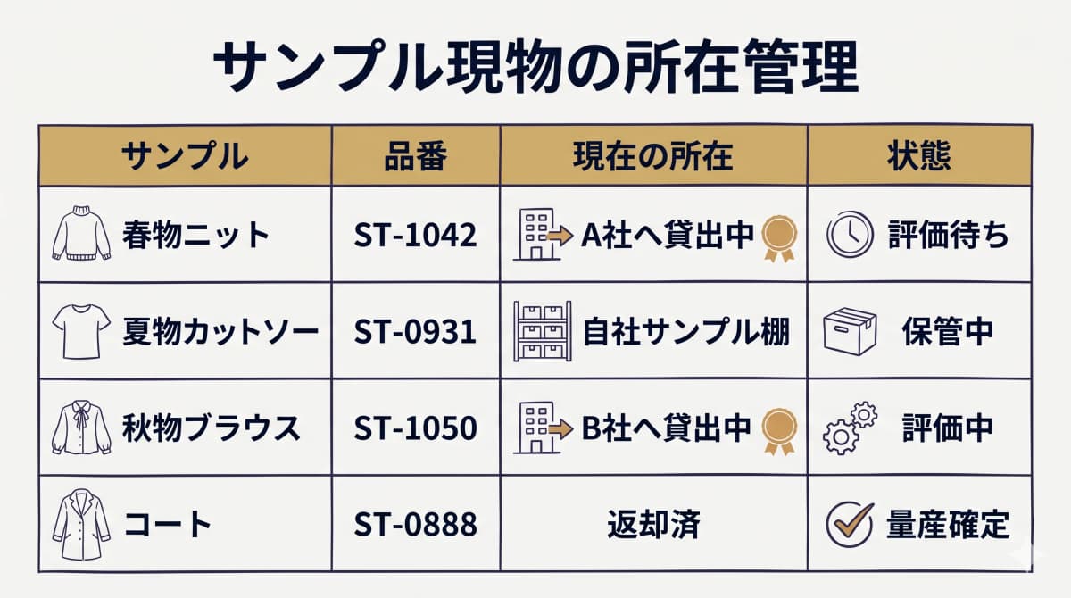 サンプル現物の所在管理イメージ(現物・貸出先ブランド・状態を1画面で把握する図)