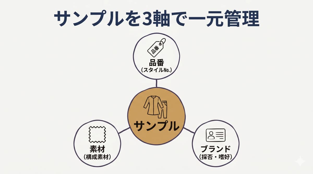 サンプルを品番・素材・ブランドの3軸に紐付けて一元管理する関係図