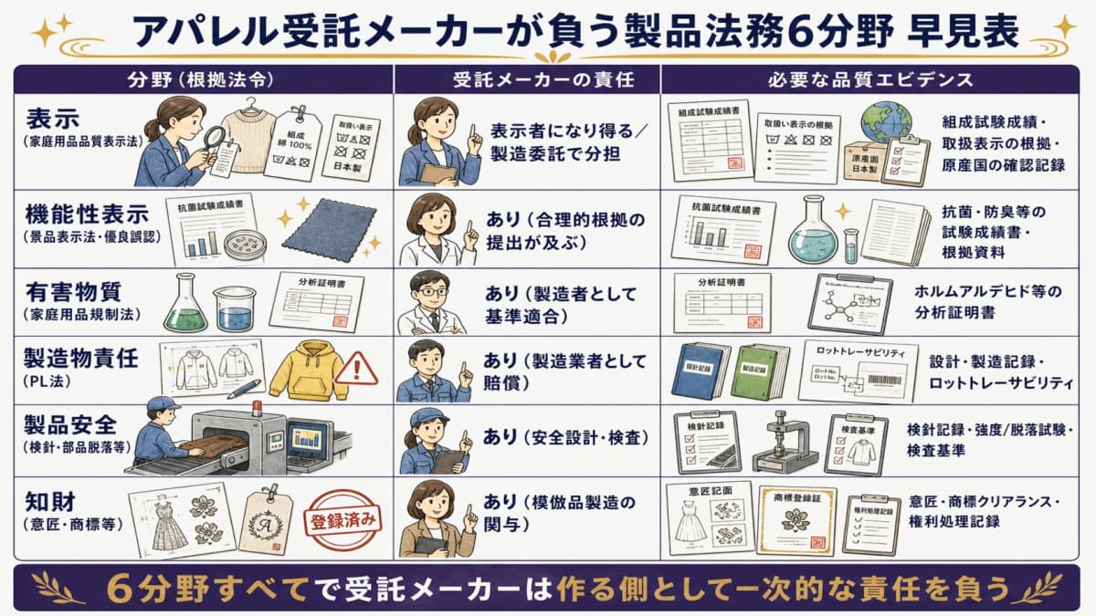 アパレル受託メーカーが負う製品法務6分野の全体像図