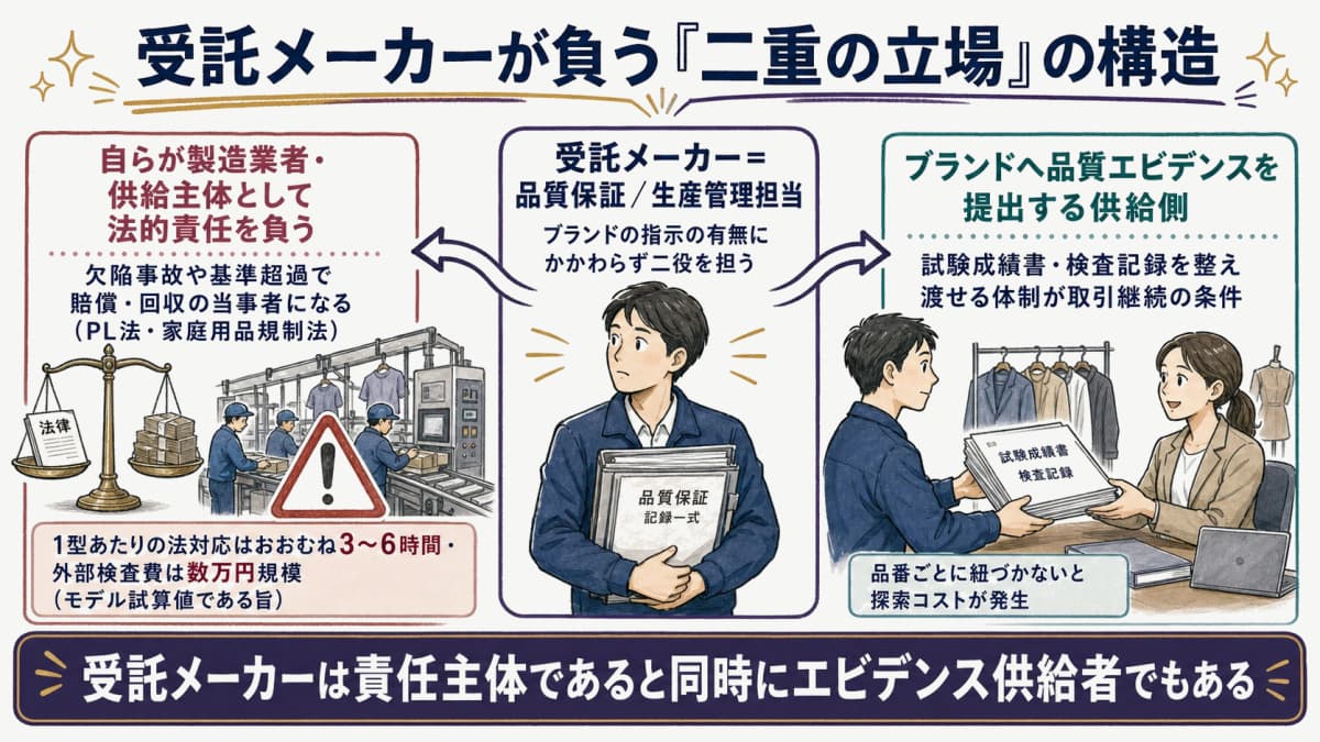 受託メーカーが製造業者とエビデンス供給者の二重の立場を負う構造図
