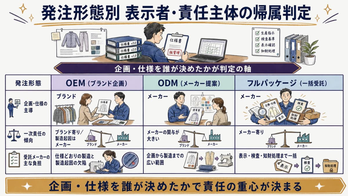 発注形態別の表示者・責任主体の帰属判定を示す図