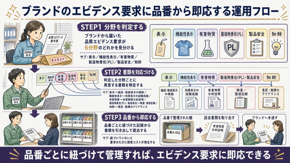 ブランドからの品質エビデンス要求を6分野で判定し、品番に紐づけた記録から書類を引き出して即応提出する受託メーカーの運用フロー図