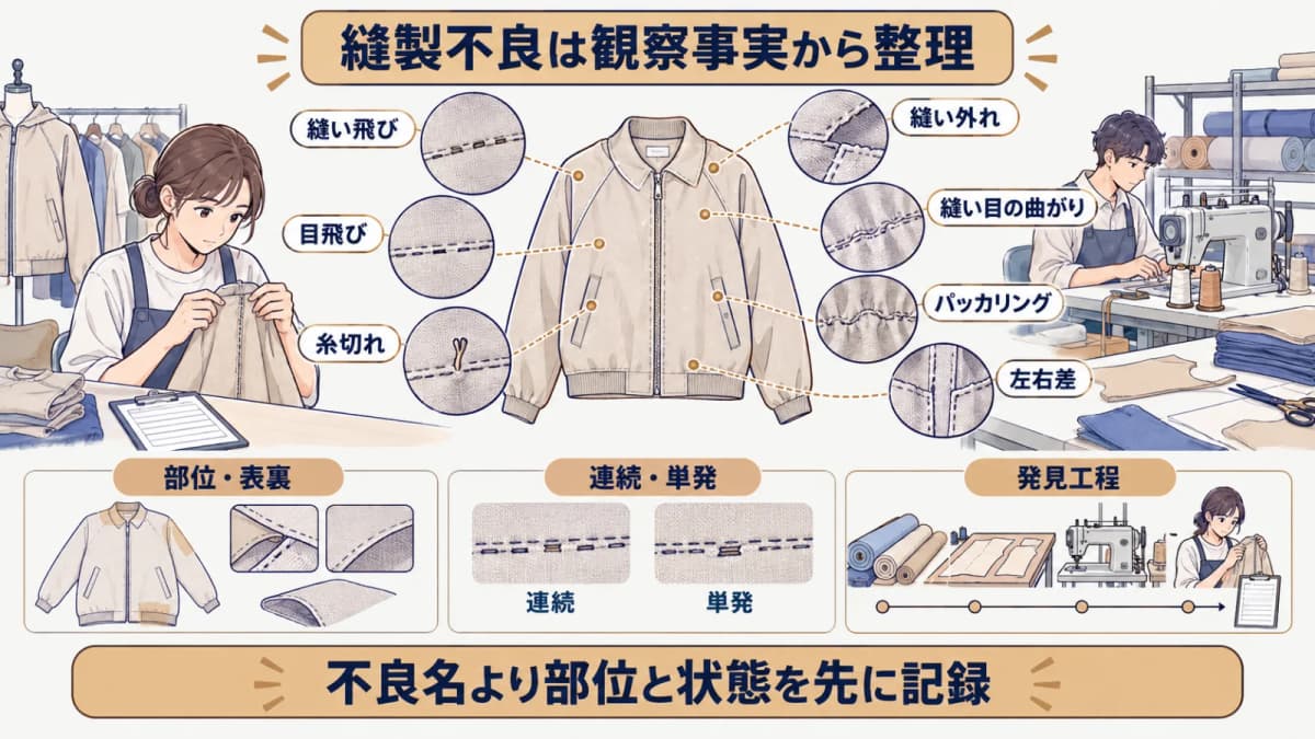 縫製品の不良を種類と影響と原因に分けて観察する図解