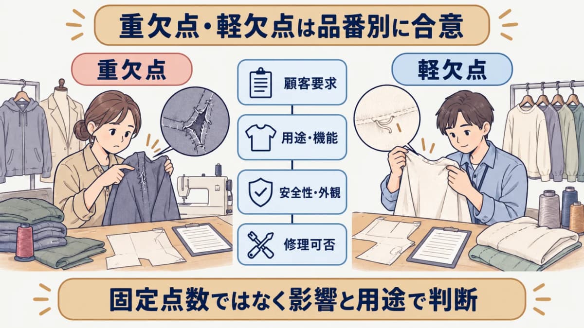 縫製品の重欠点と軽欠点を用途と機能と外観から品番別に決める図解