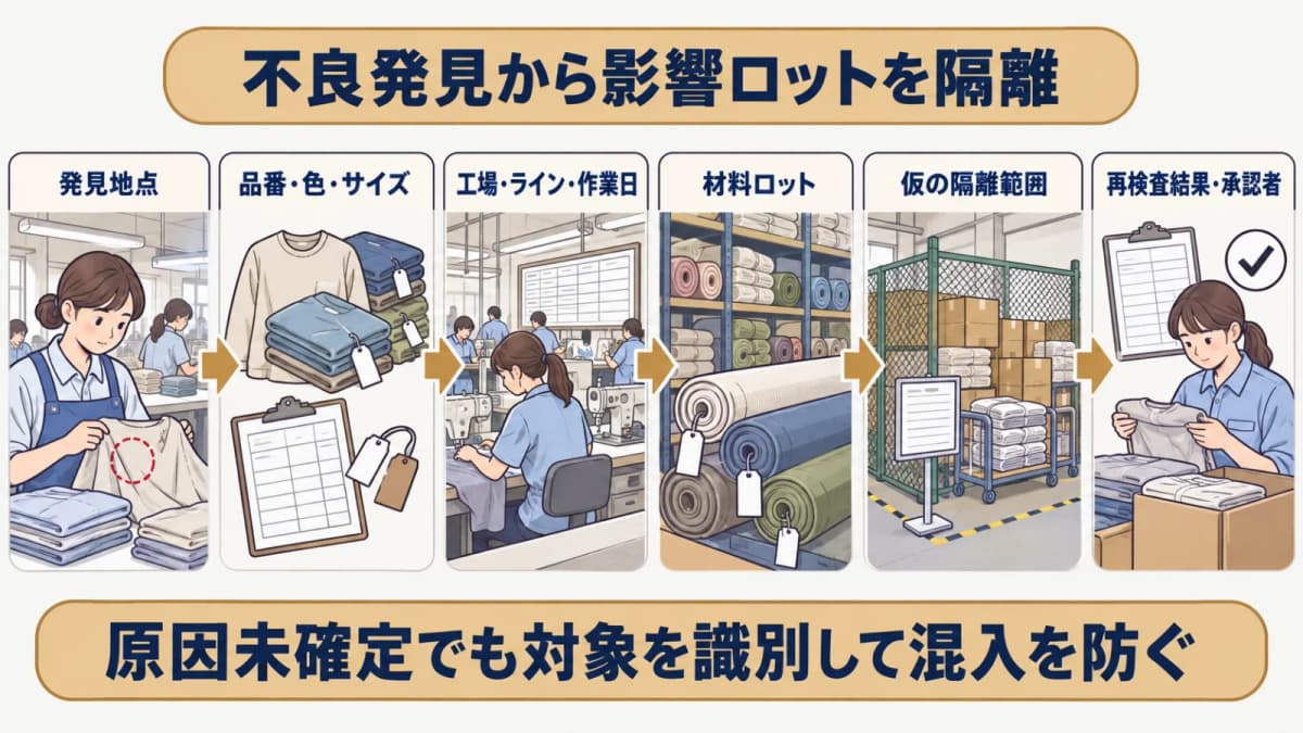 検品で見つけた縫製不良を品番とロットで隔離する図解
