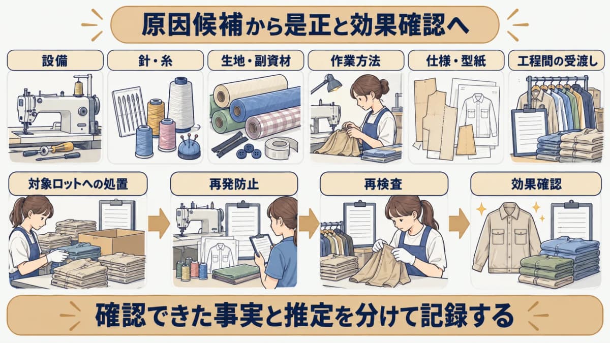 ミシンと糸と生地の原因候補から是正と再検査へつなぐ図解