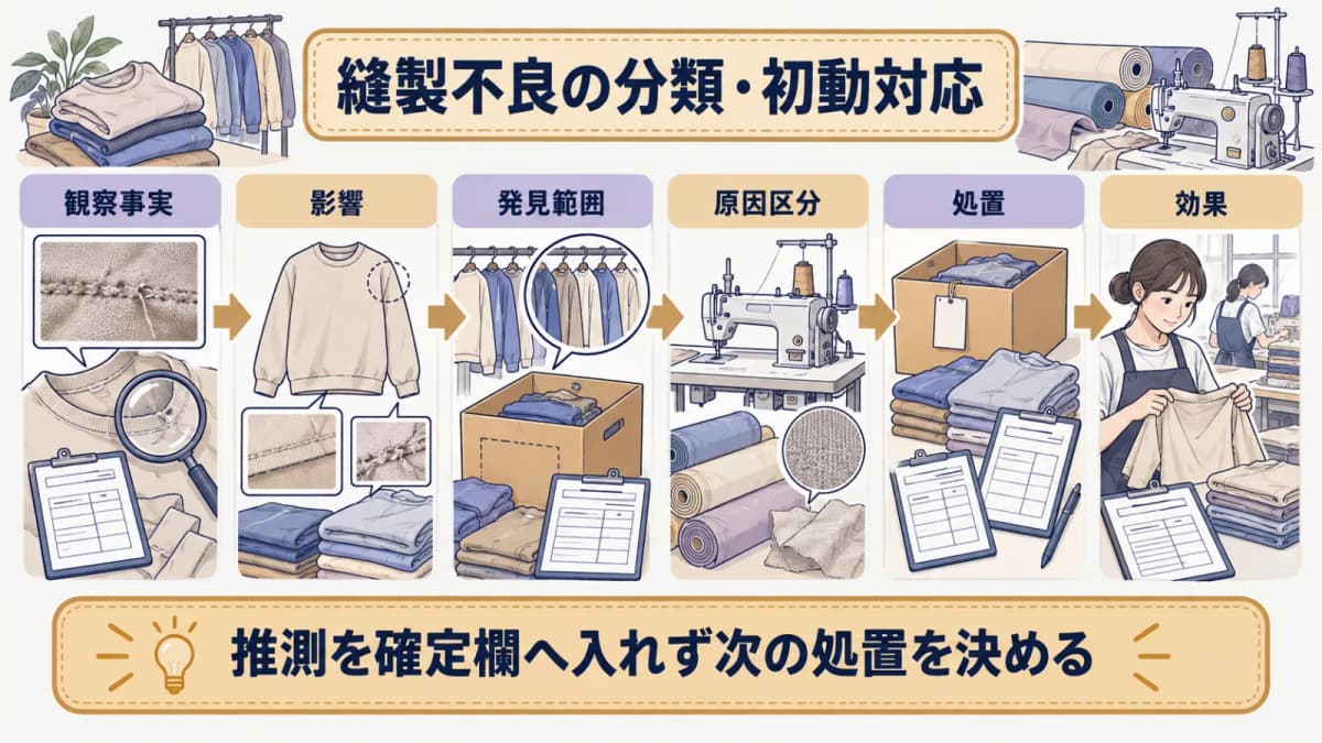 縫製不良の観察事実から隔離と原因確認と再検査へ分岐する図解