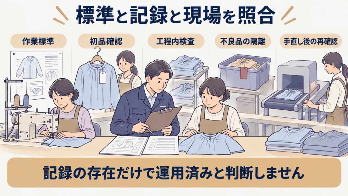 縫製・仕上げ・検品で標準と現場記録を照合する監査場面