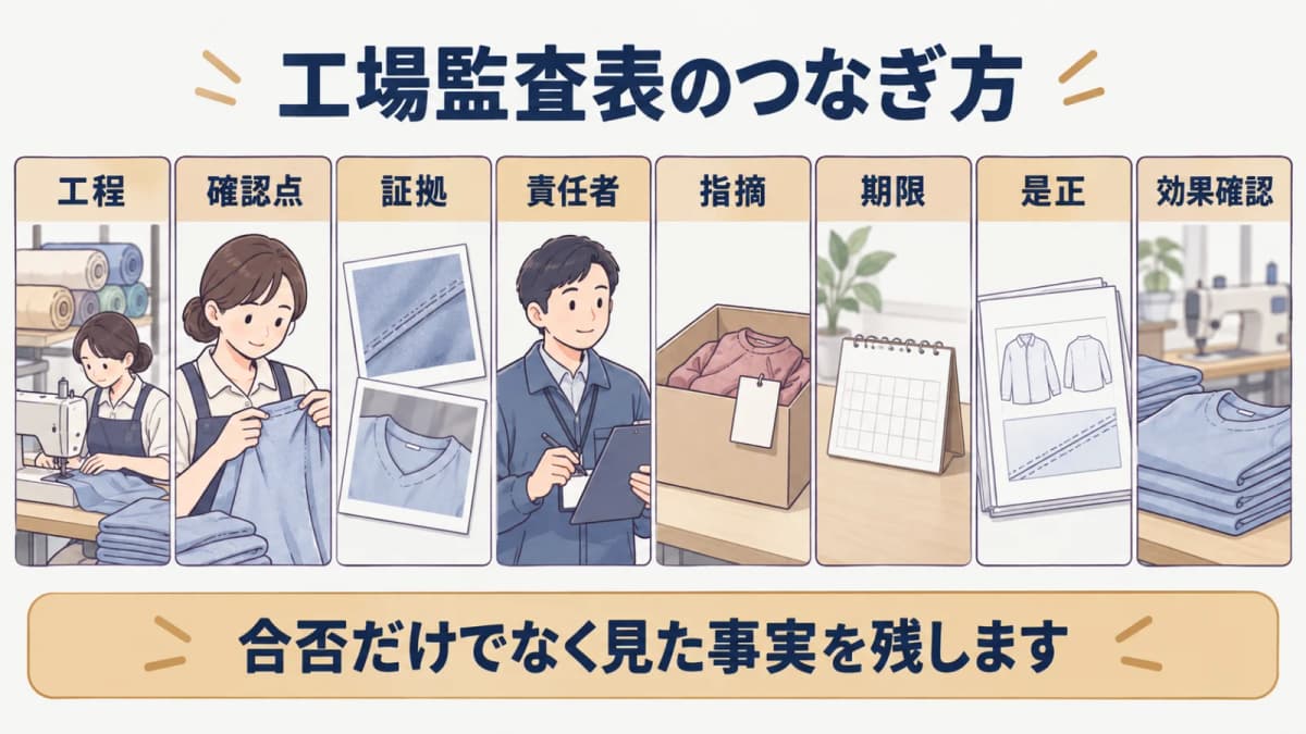 工程・証拠・担当・期限・再確認を一行で結ぶ工場監査表