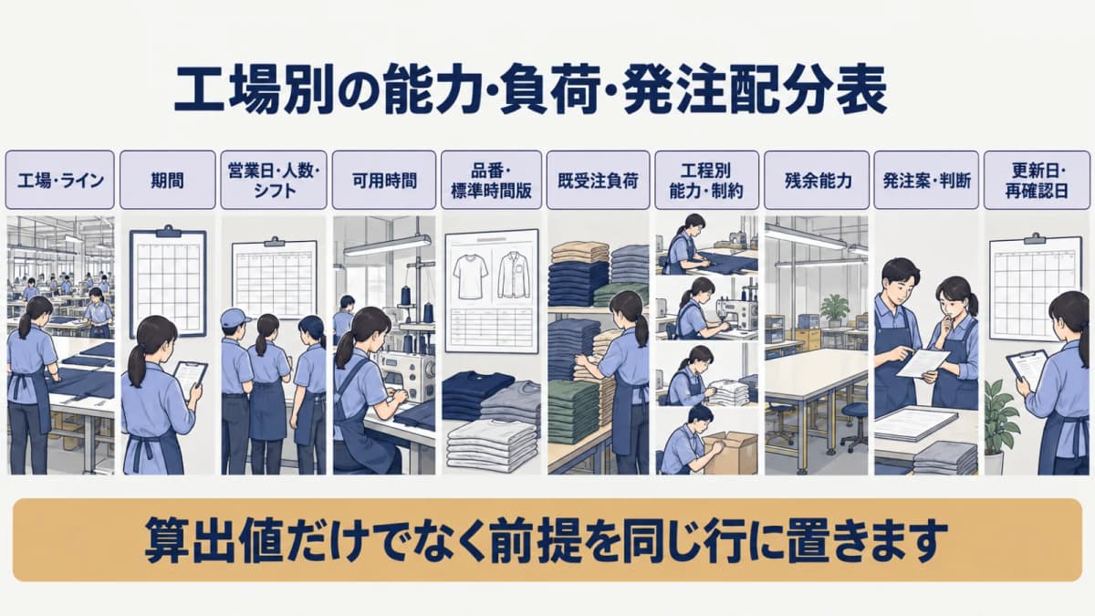 工場別の裁断縫製検品能力を並べる図解