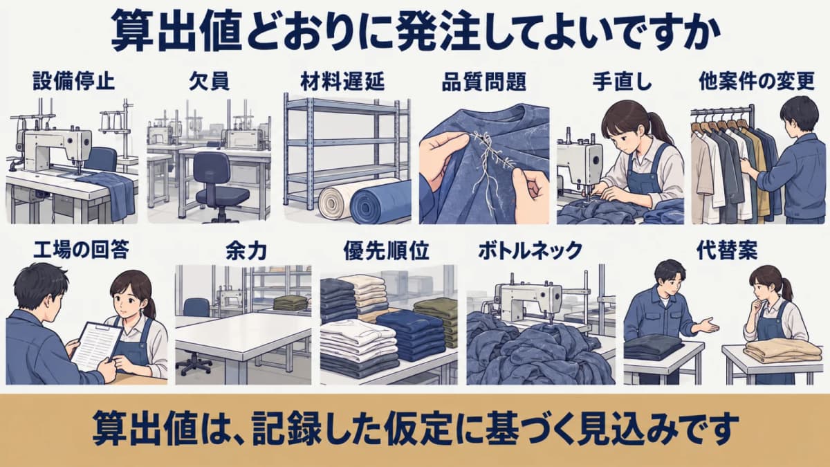 段ボール梱包までの変動リスクを含めて発注判断する図解