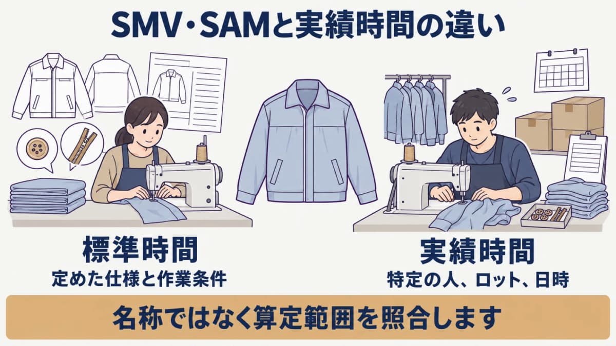 ミシン工程の標準時間と実績時間を分ける図解