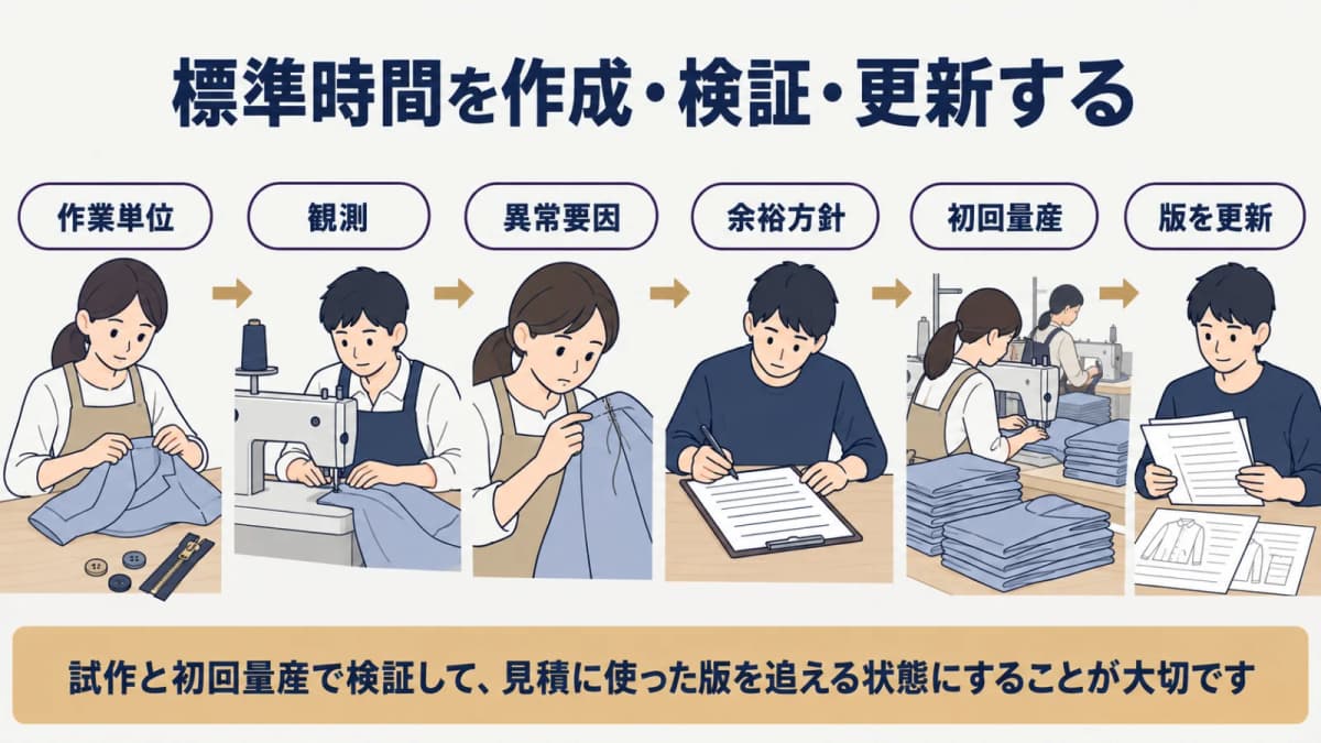 縫製品を作業単位へ分けて時間観測する図解