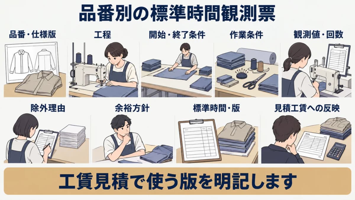 裁断台の工程票から標準時間版と工賃見積へつなぐ図解
