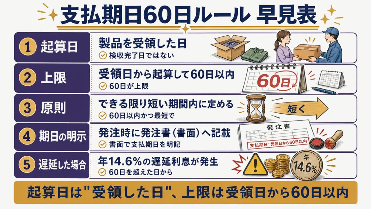 アパレル製造委託代金の支払期日60日ルールの起算日・上限・遅延利息を示す早見表