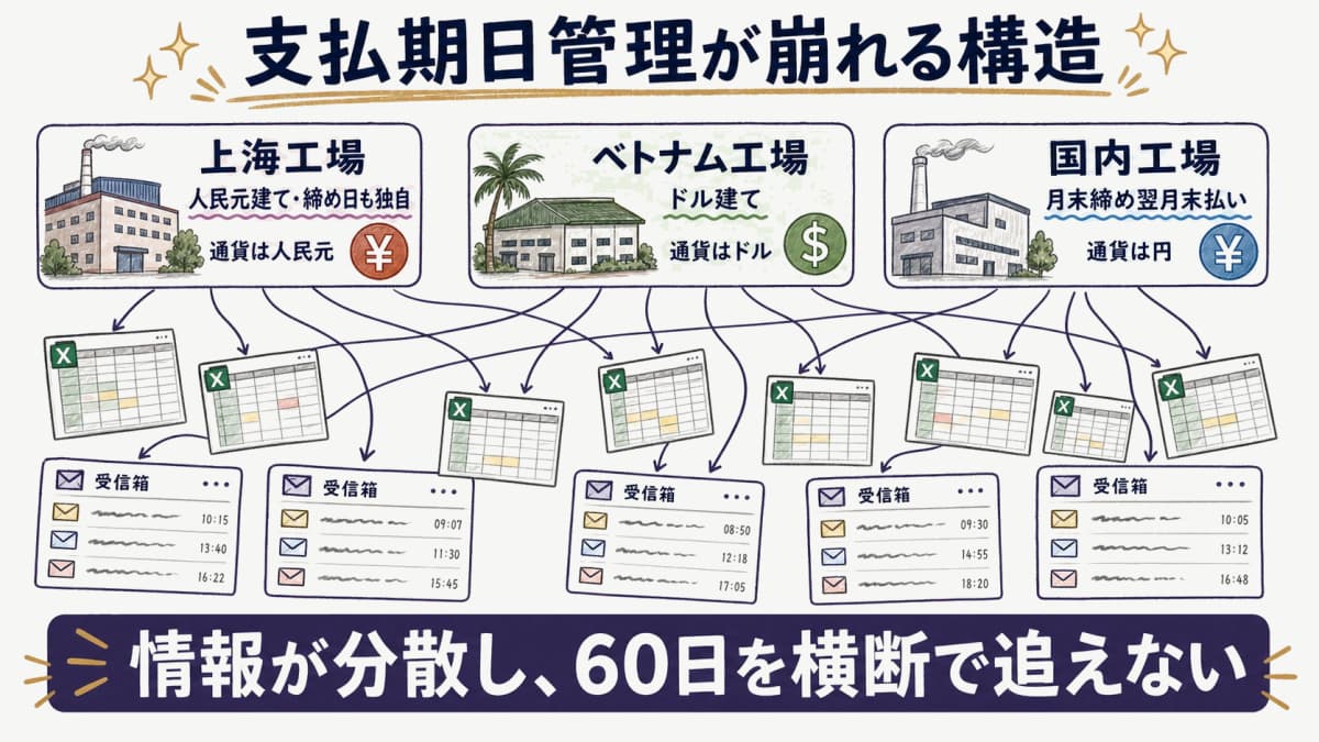 工場ごとに通貨・支払サイト・締め日が異なりExcelと個人メールに分散して支払期日が追えなくなる構造の図解
