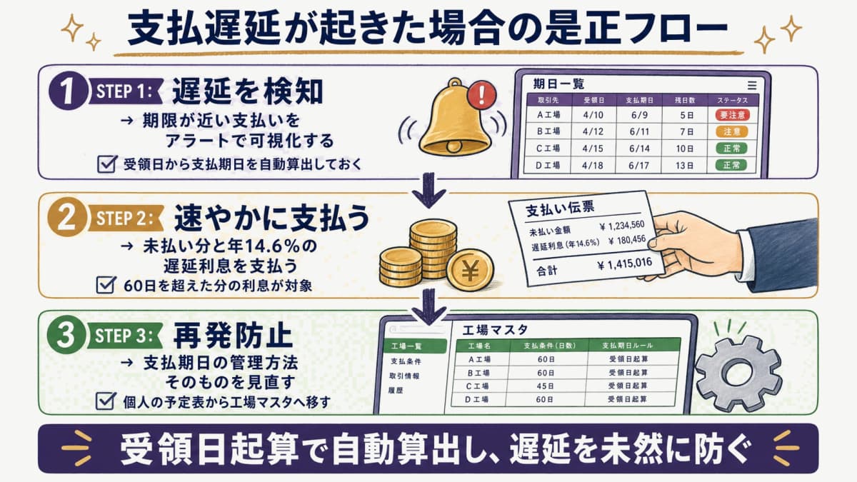 支払遅延が発生した場合に受領日起算60日を超えた分の遅延利息が発生し是正へ進む流れの図解