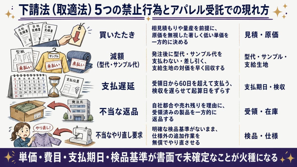 アパレルOEM/ODM受託で起こりやすい下請法(取適法)違反5類型(買いたたき・減額・支払遅延・返品・やり直し)を商流と対応付けた早見表