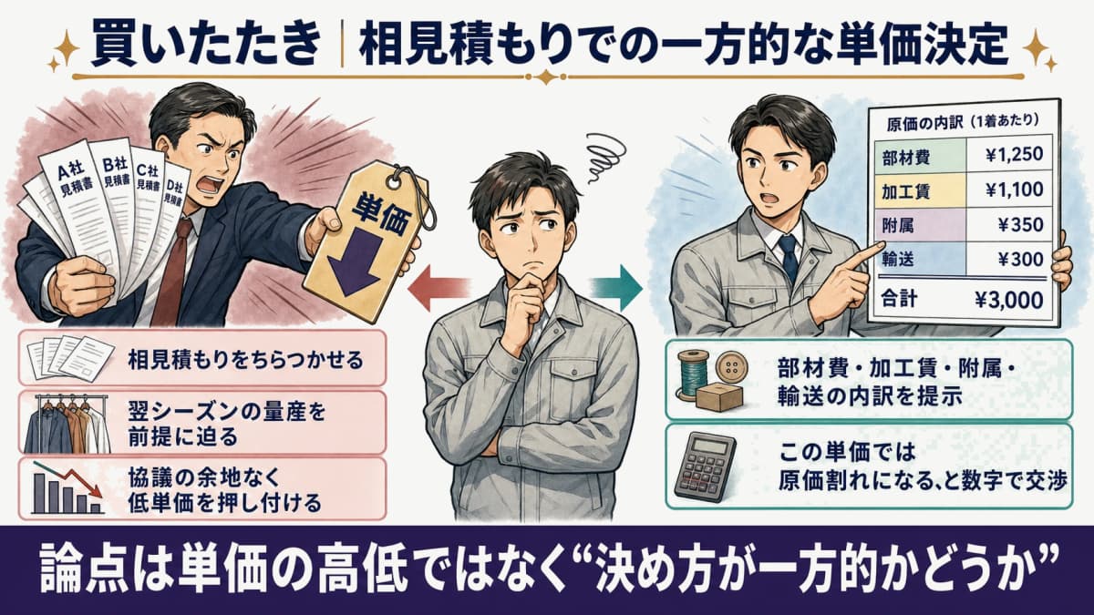 相見積もりや翌シーズンの量産を前提に、原価を無視した低単価を一方的に押し付ける買いたたきの構図を示した図
