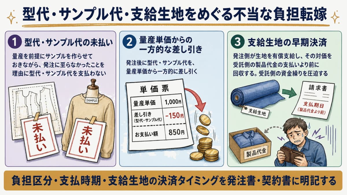 型代・サンプル代の未払いや減額、支給生地の対価の早期決済といった不当な負担転嫁のパターンを整理した図
